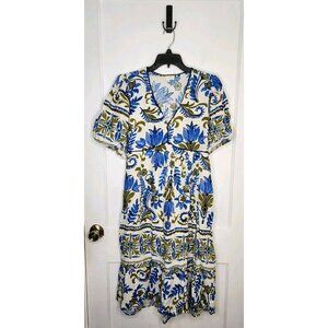 Anthropologie Fig And Flower Boho Woven Dress 3/4 Sleeve Sz M Floral Linen New